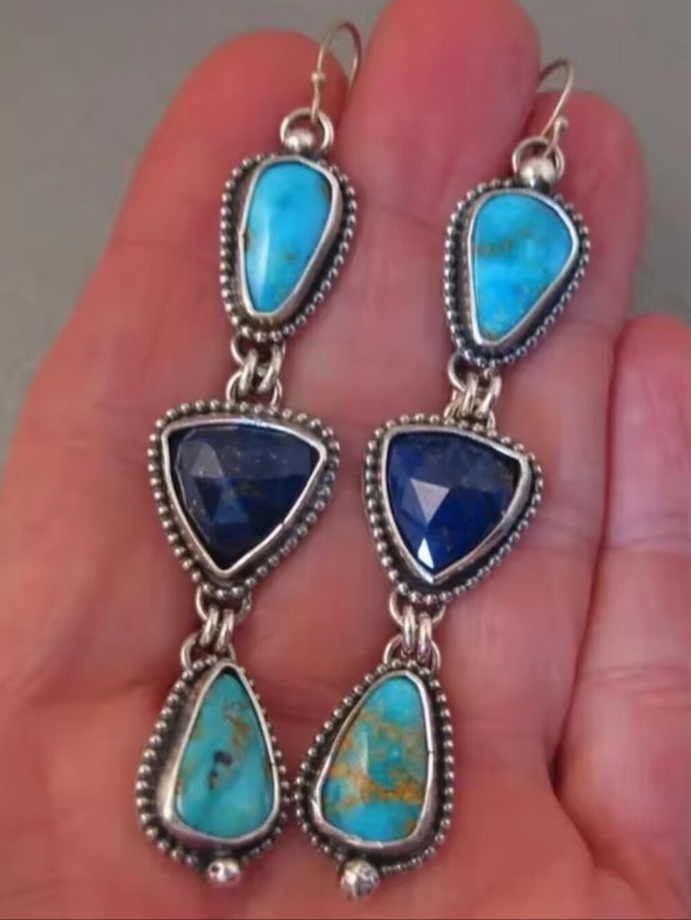 Vintage Oxidized Silver Tone Turquoise Drop Earrings